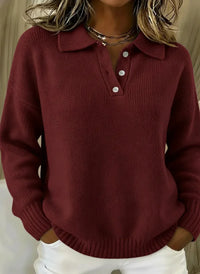 Burgundy knit polo sweater with buttons, relaxed fit for women, paired with white pants