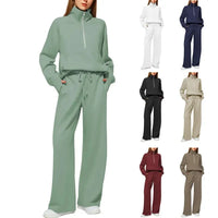 Plus size women's lounge set with half-zip top and wide-leg pants in sage green and other colors