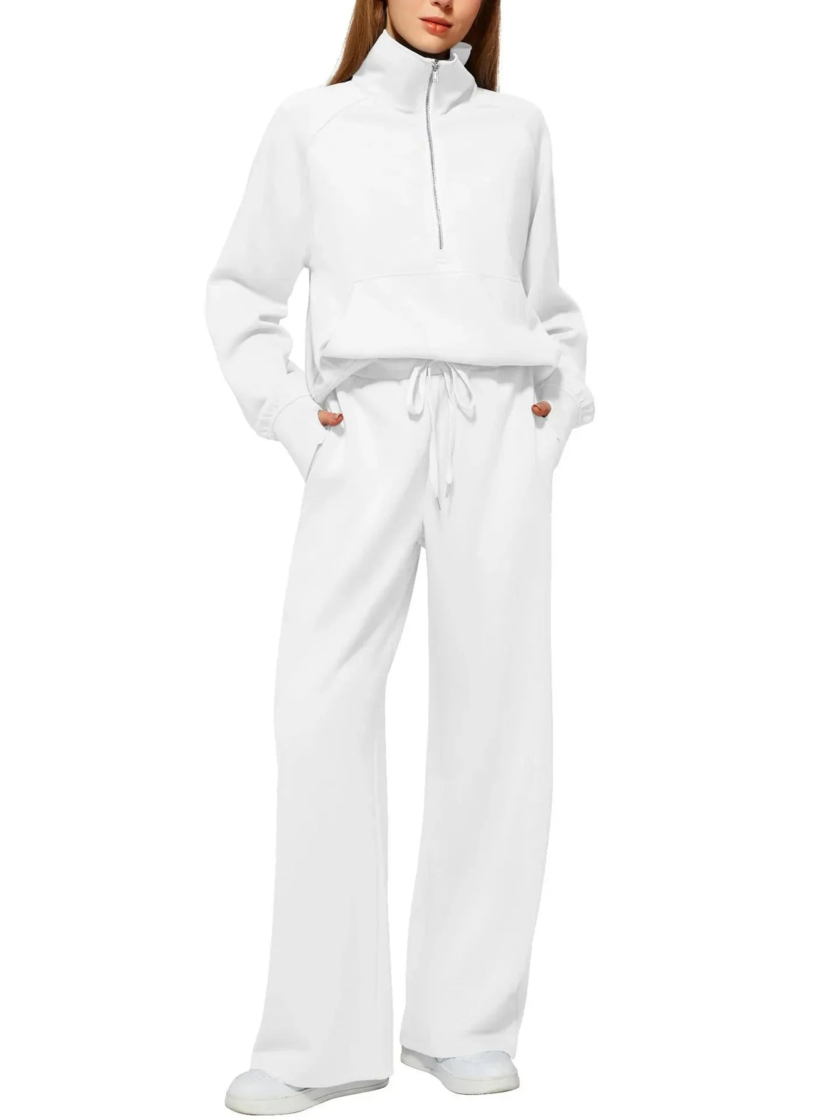 White plus size lounge set with half-zip top and wide-leg pants for comfortable everyday wear