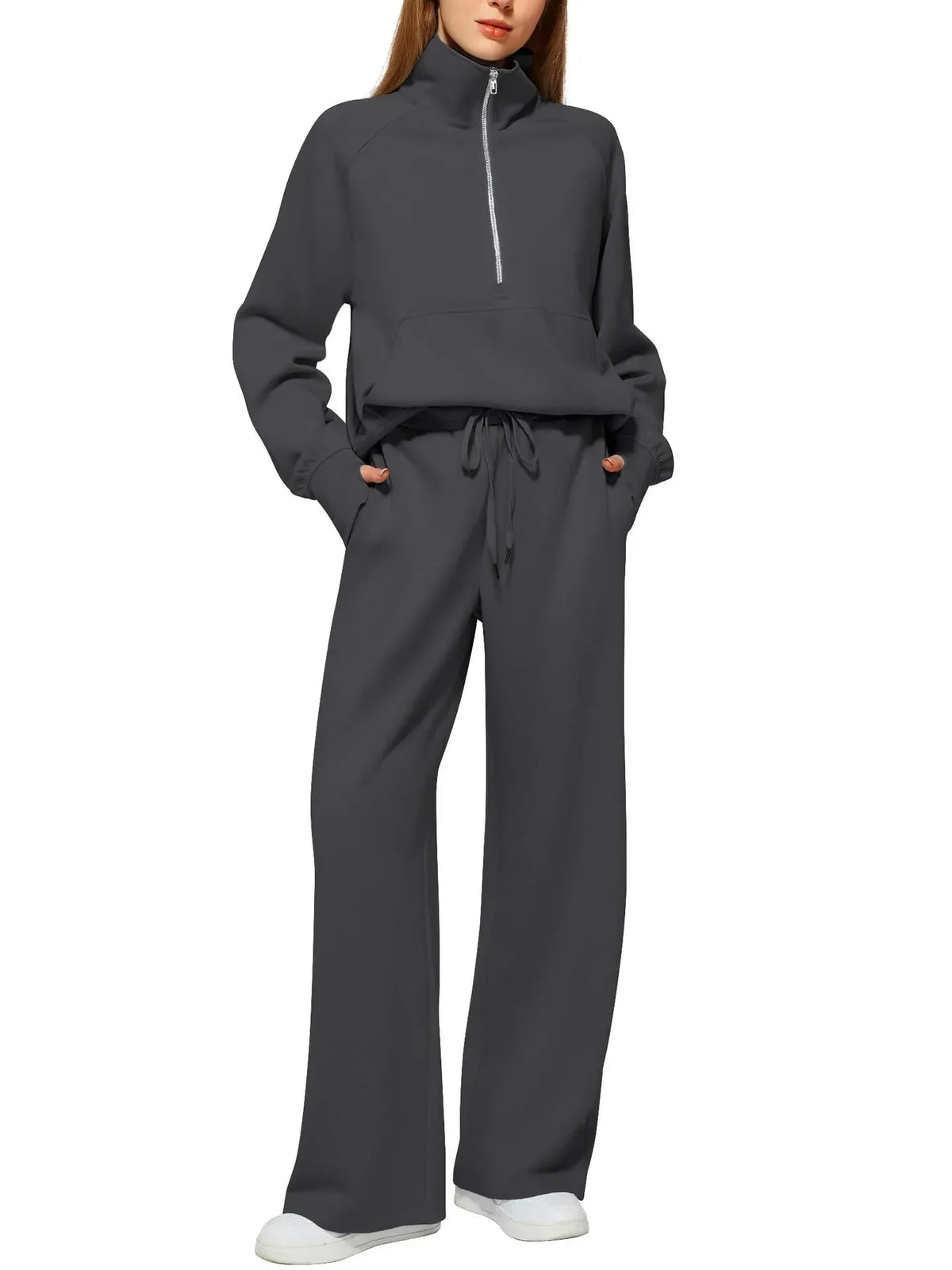 Dark gray relaxed fit lounge set with half-zip top and wide-leg drawstring pants for women