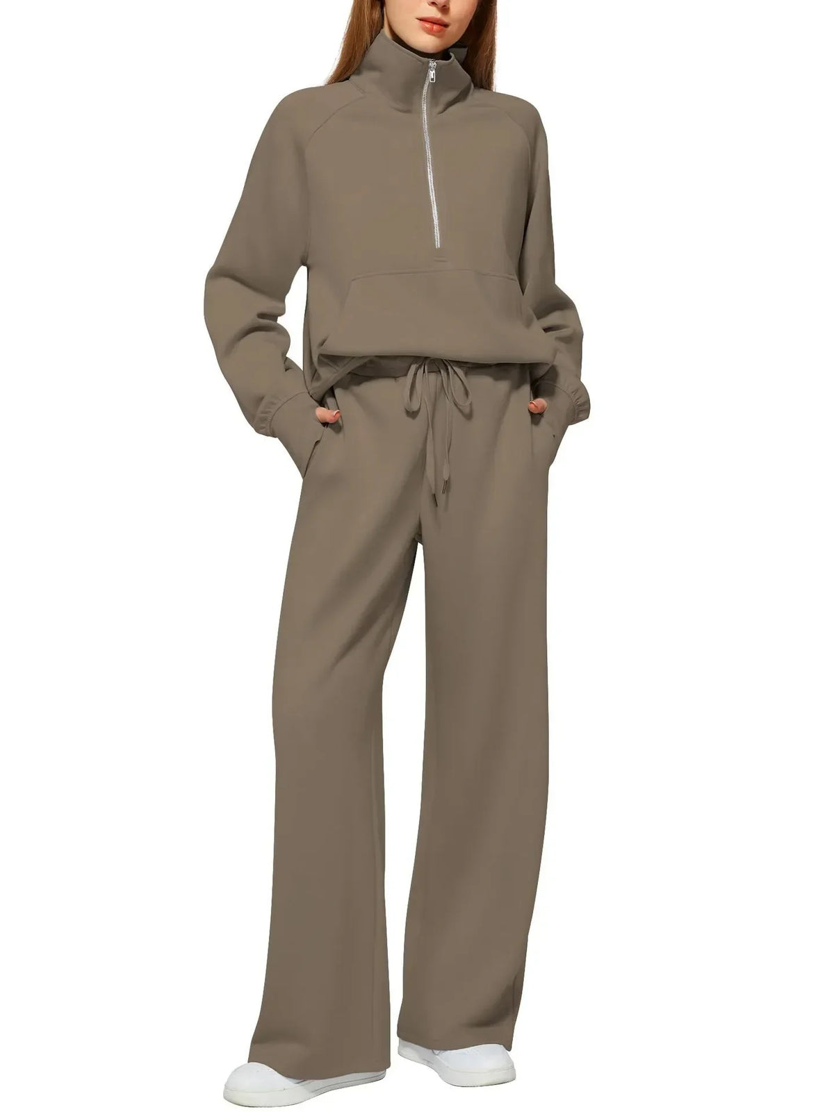 Olive green relaxed fit lounge set with half-zip top and drawstring pants for women