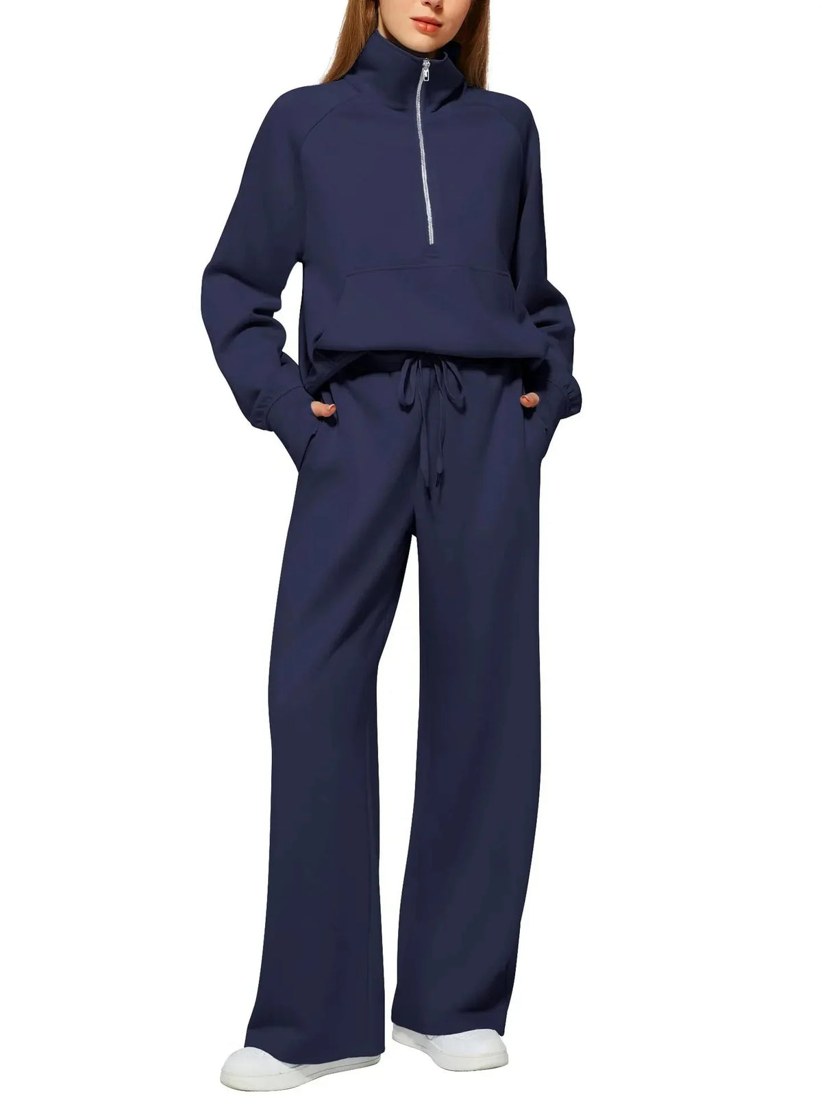 Navy blue relaxed fit lounge set with zip-up top and drawstring pants for comfortable everyday wear
