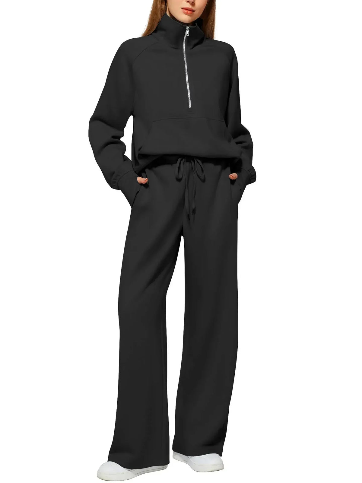 Black relaxed fit lounge set with half-zip top and wide-leg pants for women