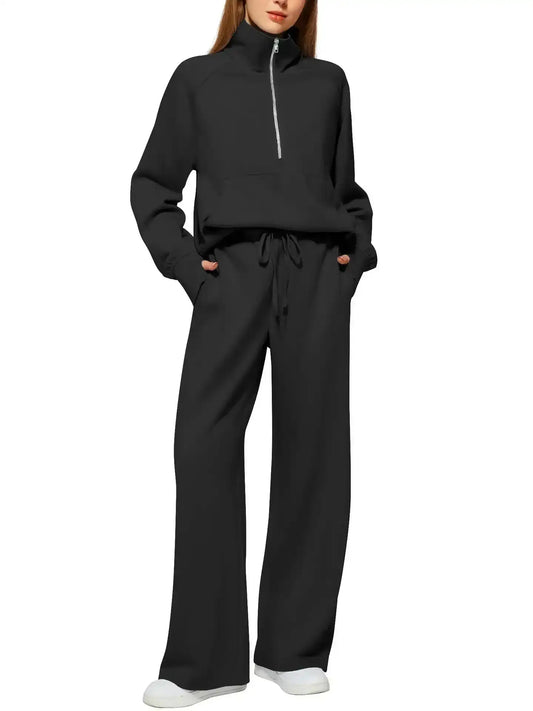 Black relaxed fit lounge set with half-zip top and wide-leg pants for women