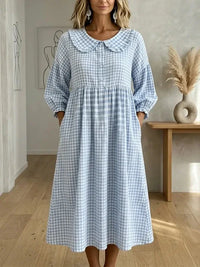 Blue gingham midi dress with ruffled collar and puff sleeves for women