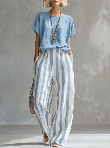 Cozy Striped Cotton-Linen Two-Piece Set