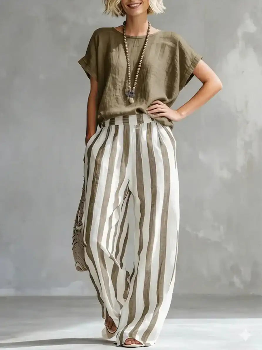 Cozy Striped Cotton-Linen Two-Piece Set