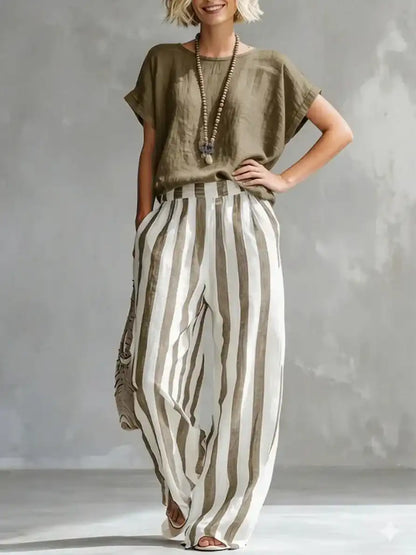 Cozy Striped Cotton-Linen Two-Piece Set