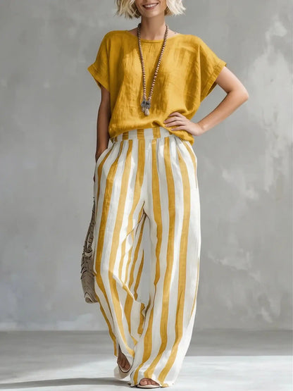 Cozy Striped Cotton-Linen Two-Piece Set
