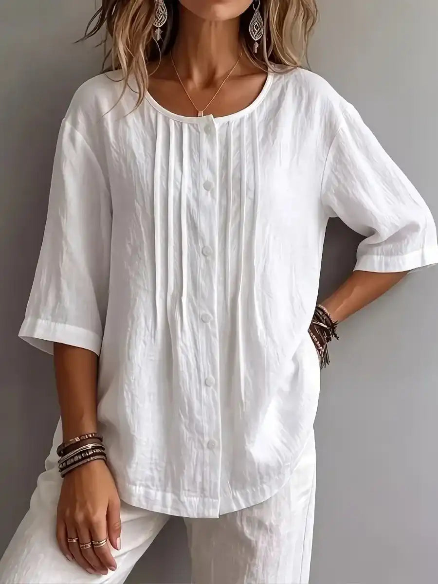 Effortless Pleated Cotton-Linen Blouse