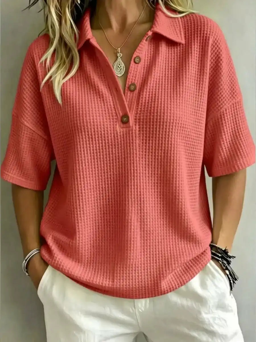 Women's Button-Up Waffle Short Sleeve Shirt
