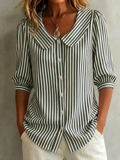 Women's Retro Peter Pan Collar Striped Cotton Linen Shirt