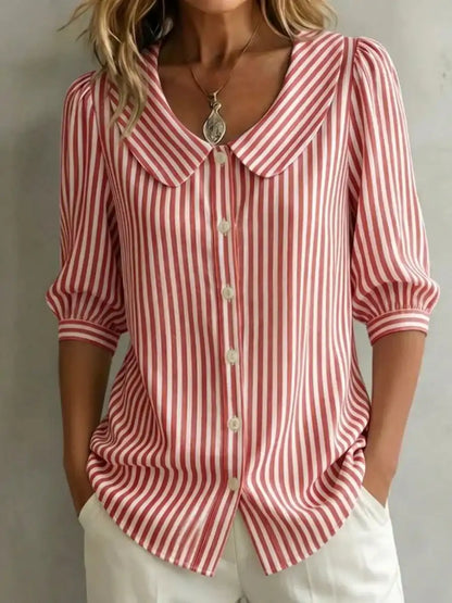 Women's Retro Peter Pan Collar Striped Cotton Linen Shirt
