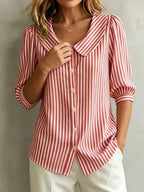 Clearance Sale🔥 Women's Retro Peter Pan Collar Striped Cotton Linen Shirt
