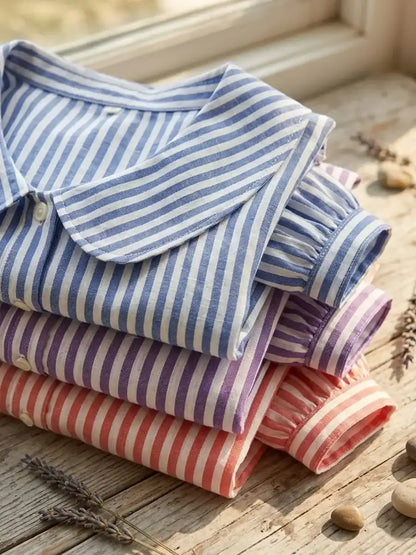 Women's Retro Peter Pan Collar Striped Cotton Linen Shirt