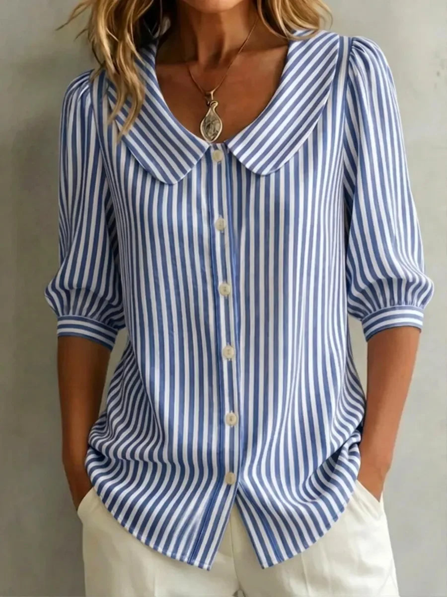 Clearance Sale🔥 Women's Retro Peter Pan Collar Striped Cotton Linen Shirt