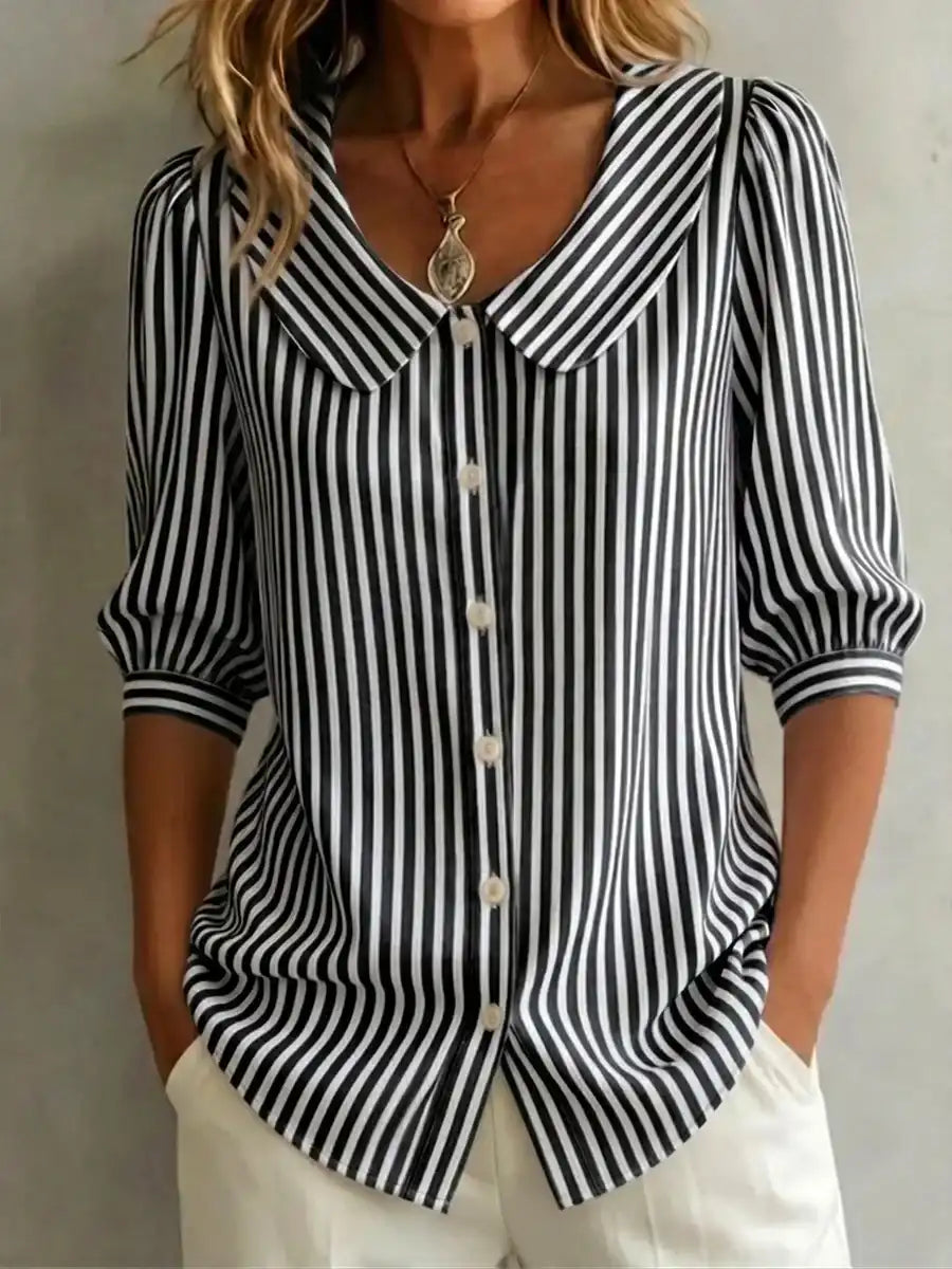 Women's Retro Peter Pan Collar Striped Cotton Linen Shirt