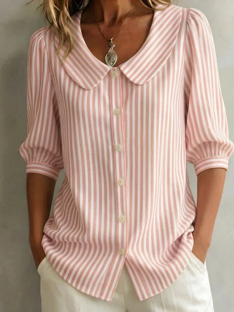 Clearance Sale🔥 Women's Retro Peter Pan Collar Striped Cotton Linen Shirt