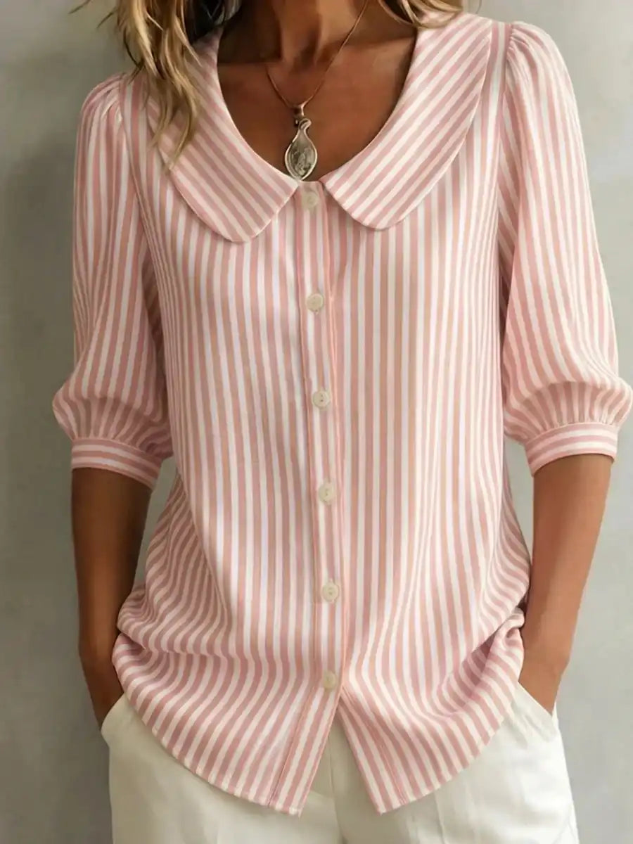 Women's Retro Peter Pan Collar Striped Cotton Linen Shirt