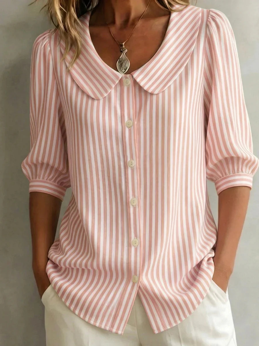 Clearance Sale🔥 Women's Retro Peter Pan Collar Striped Cotton Linen Shirt