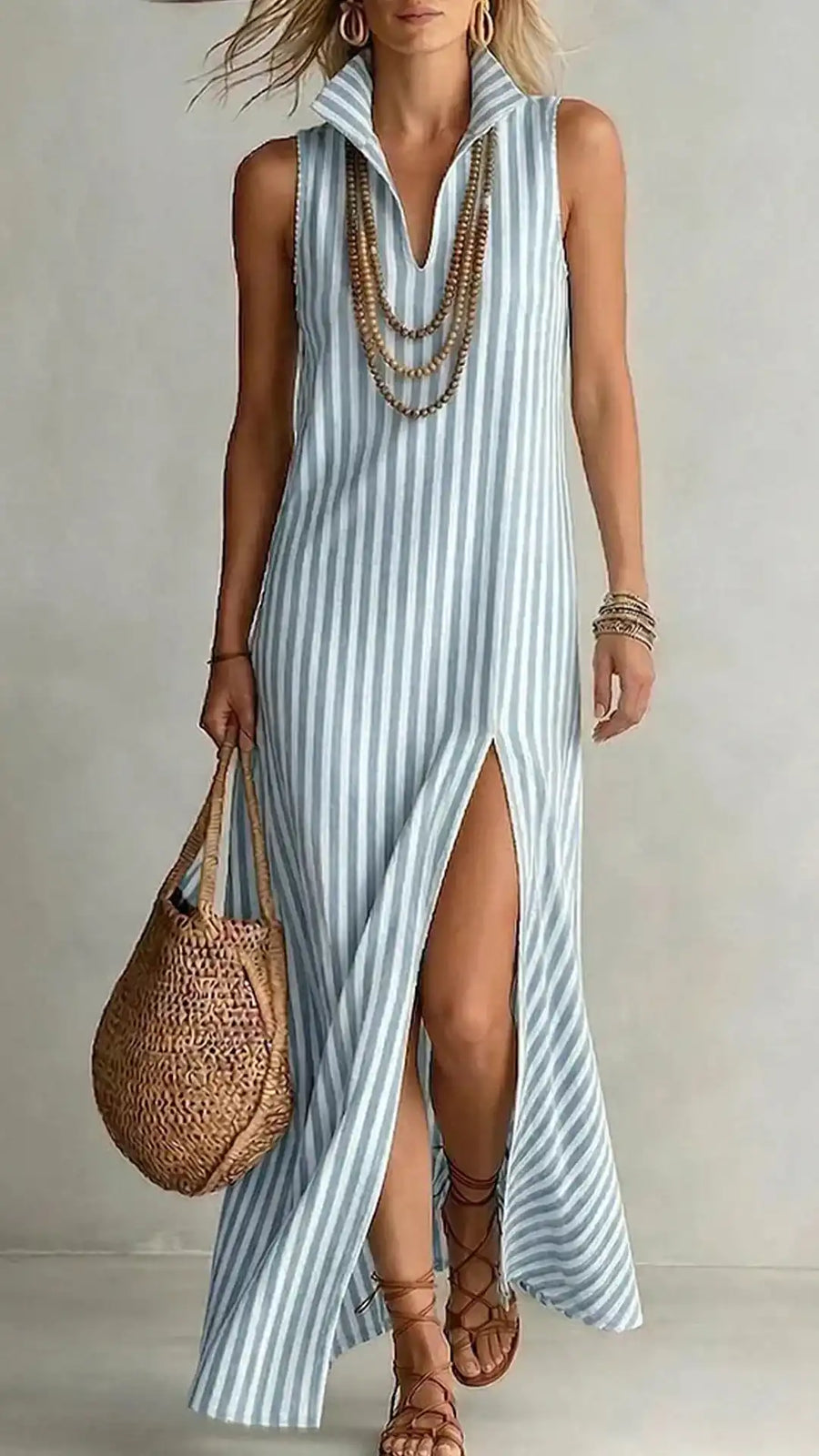Women's Striped Sleeveless Shirt-Collar V-Neck Dress, Light Blue Edition