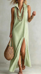 Women's Striped Sleeveless Shirt Collar Dress