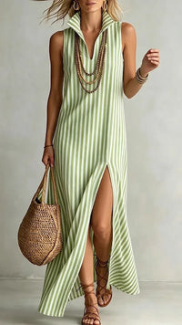 Women's Striped Sleeveless Shirt Collar Dress