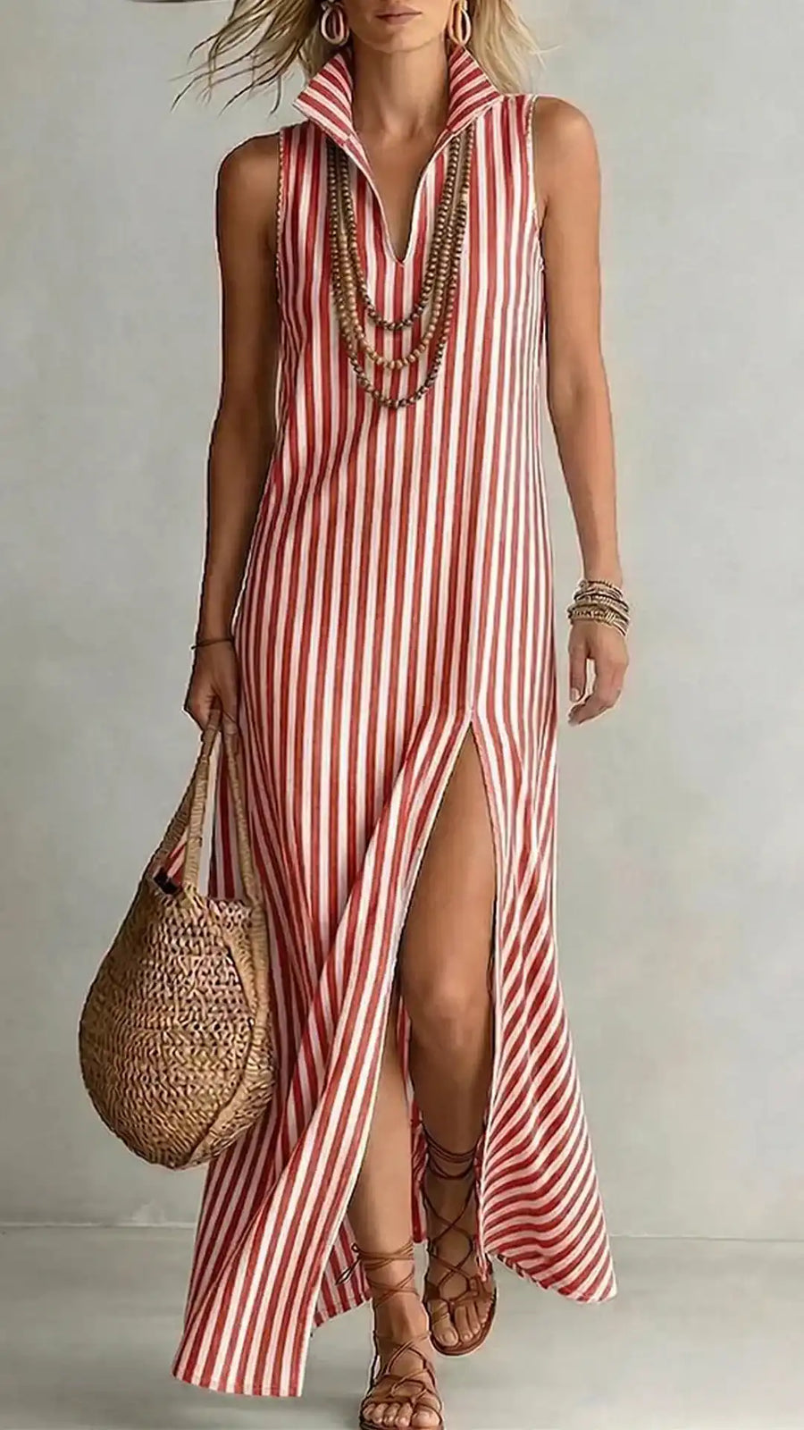 Women's Striped Sleeveless Shirt-Collar V-Neck Dress, Light Blue Edition