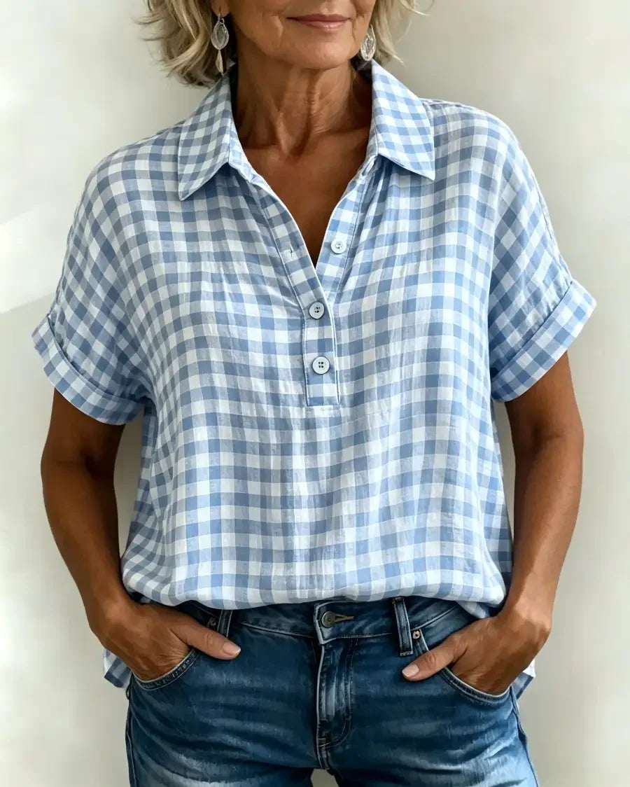 Classic Gingham Cotton-Linen V-Neck Button-Front Blouse