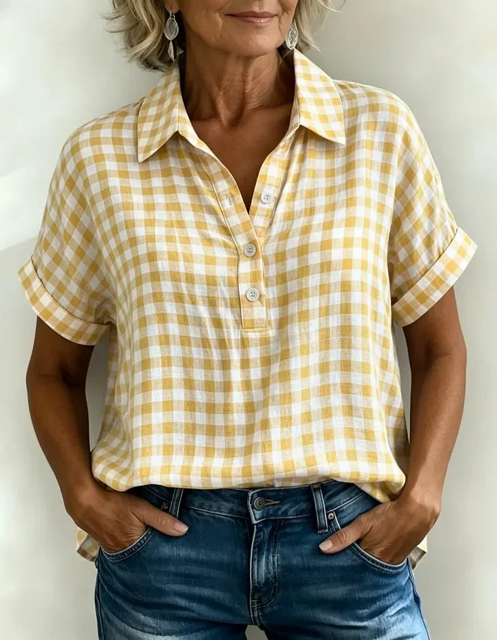 Classic Gingham Cotton-Linen V-Neck Button-Front Blouse