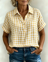 Classic Gingham Cotton-Linen V-Neck Button-Front Blouse
