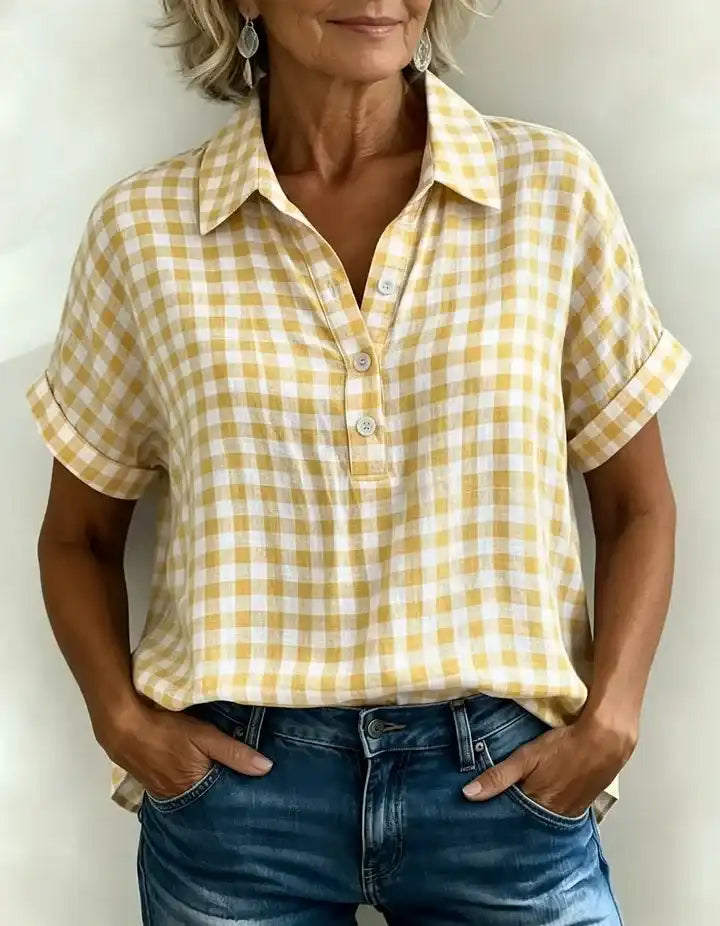 Classic Gingham Cotton-Linen V-Neck Button-Front Blouse