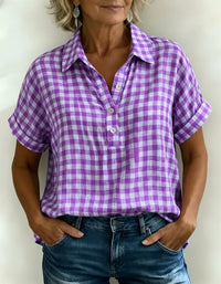 Classic Gingham Cotton-Linen V-Neck Button-Front Blouse