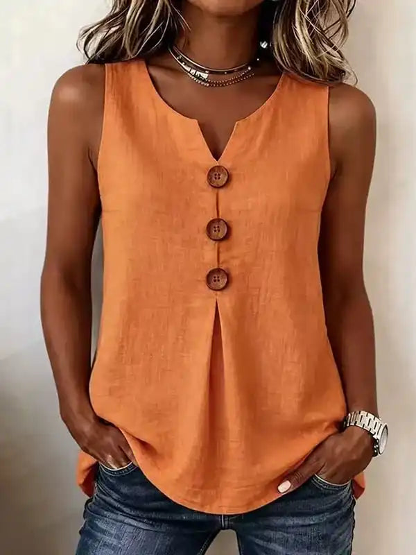 Three Button Sleeveless Solid Color Tank Top