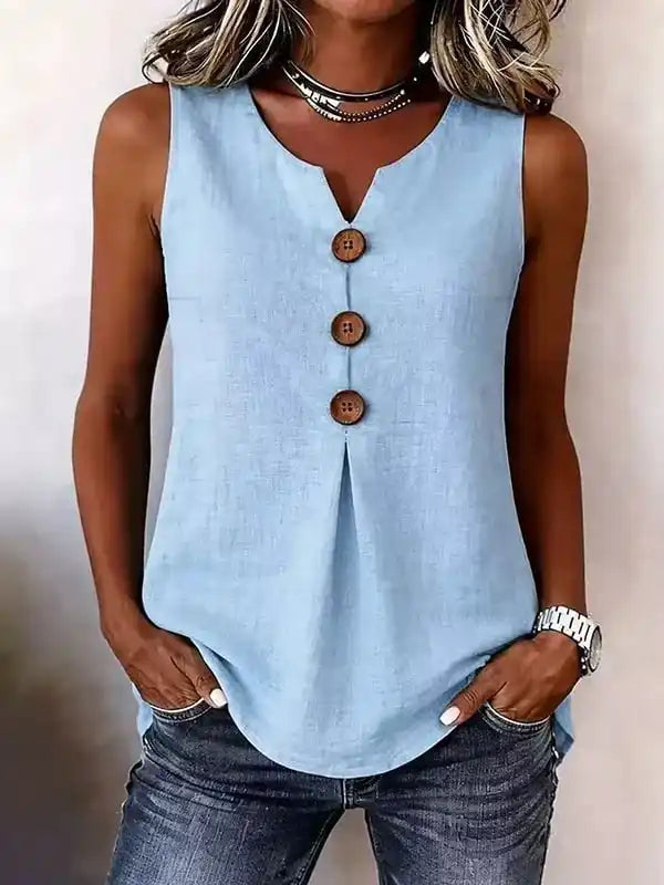 Three Button Sleeveless Solid Color Tank Top