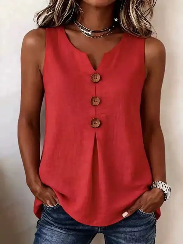 Three Button Sleeveless Solid Color Tank Top