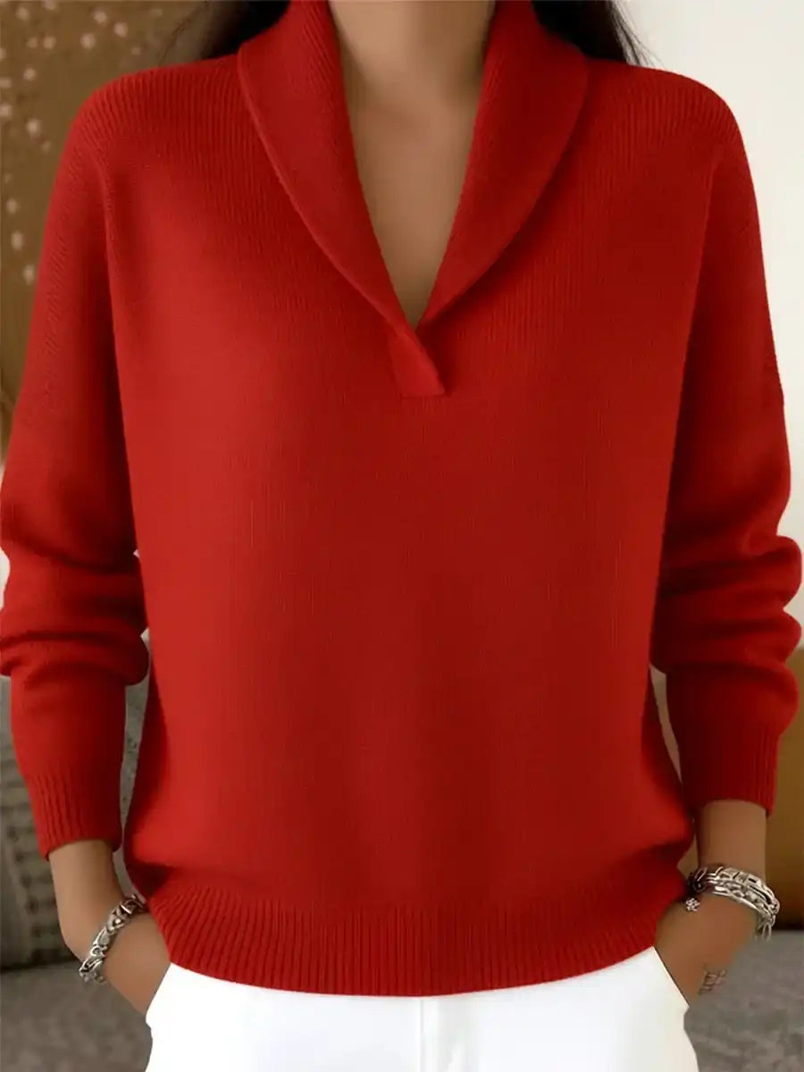 Elegant 80s Shawl Collar Solid Color Pullover Sweater Top