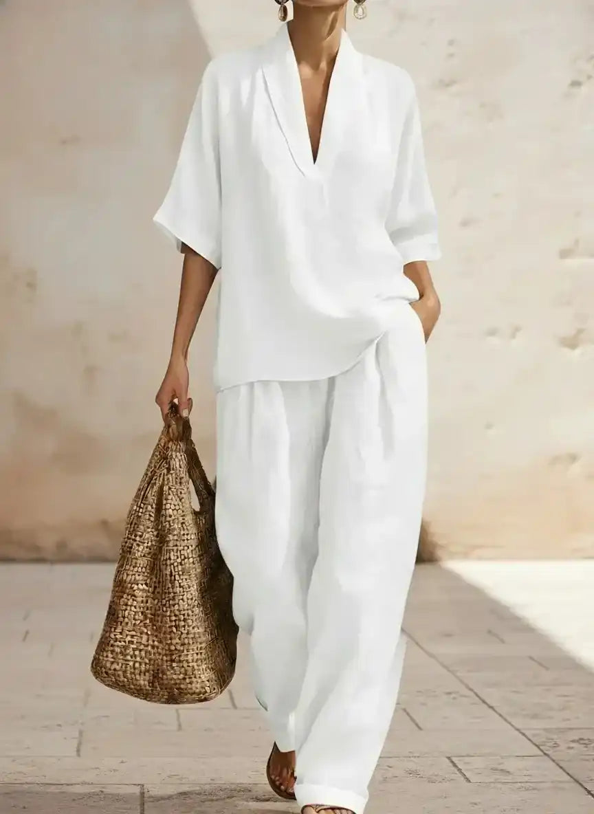 White linen V-neck top and wide-leg pants set for women, relaxed fit, breathable fabric, stylish plus size outfit