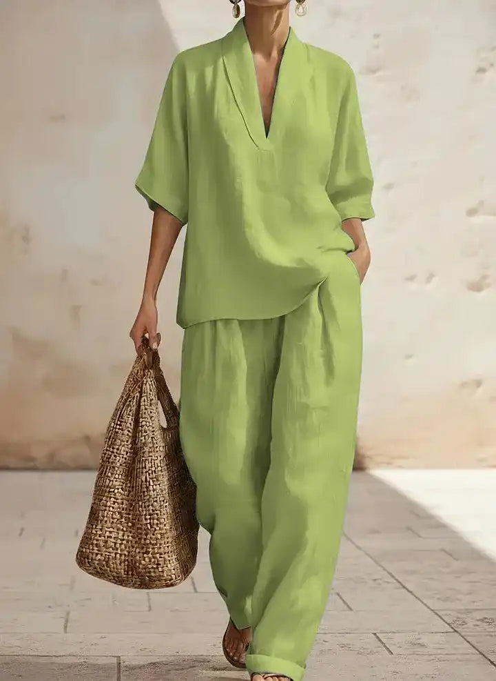Lime green linen pantsuit with V-neck top, relaxed fit, plus size, breathable fabric, stylish for mature women