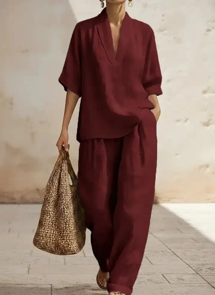 Burgundy linen blouse and wide-leg pants set for sophisticated mature women, breathable fabric, relaxed fit
