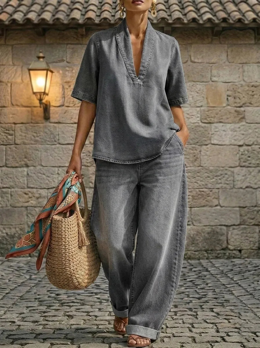 Minimalist Cozy Short-sleeved Top Wide-leg Jeans Denim Set