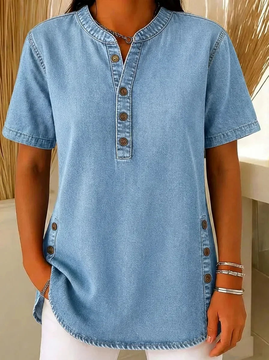 Light blue denim tunic top with front buttons, relaxed fit for plus size women