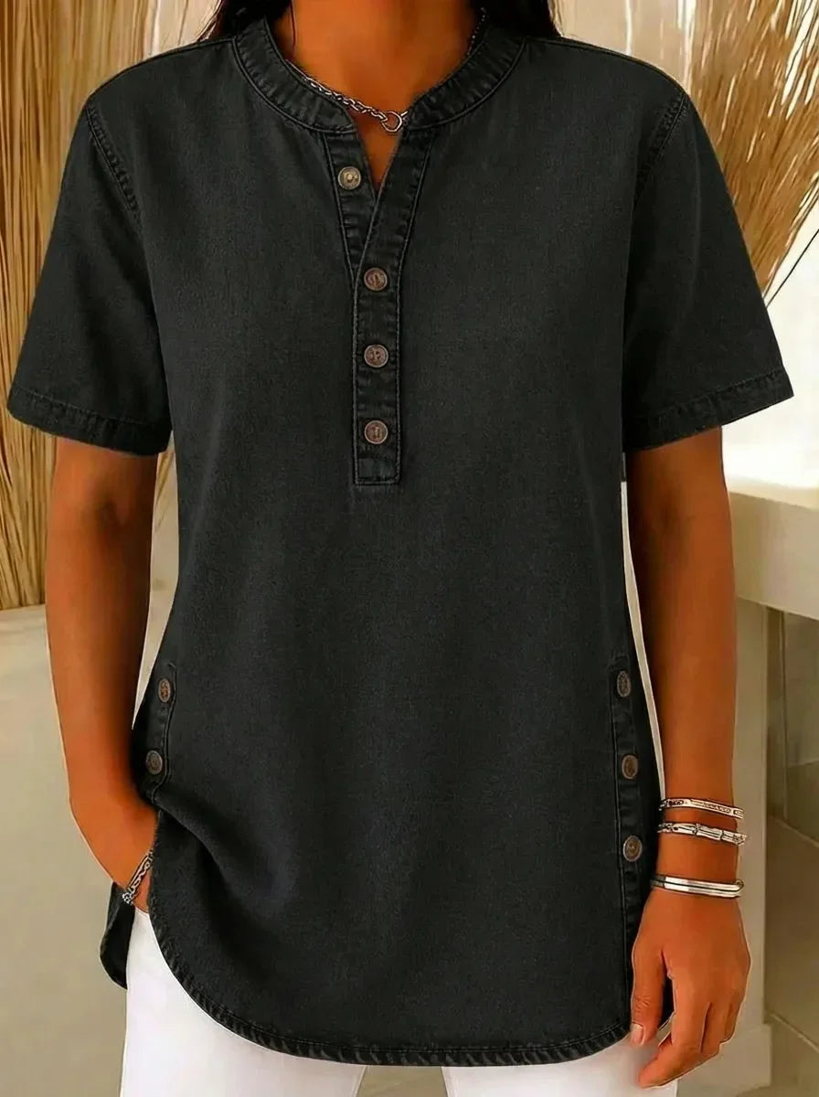 Black short sleeve henley top with side buttons, relaxed fit for women