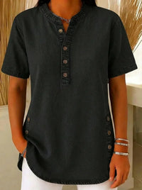 Black short sleeve henley top with side buttons, relaxed fit for women