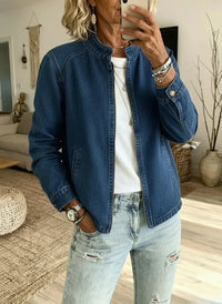 Mature woman in stylish denim jacket and ripped jeans, casual plus size outfit for everyday wear