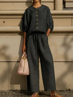 New Arrivals🔥Stylish Peter Pan Collar Shirt And Wide-leg Pant Linen Two-piece Set