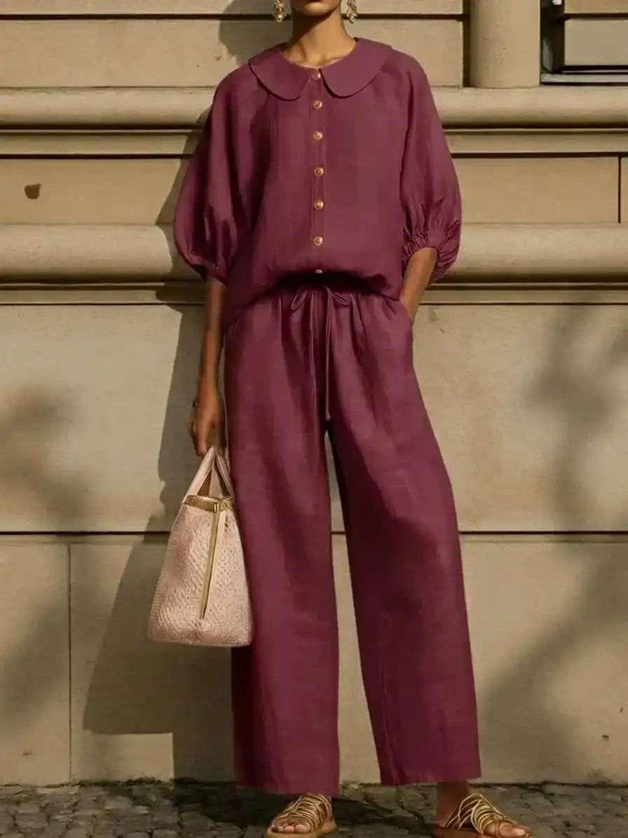 Purple linen blouse and wide-leg pants set for sophisticated mature women, breathable fabric, relaxed fit
