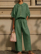 New Arrivals🔥Stylish Peter Pan Collar Shirt And Wide-leg Pant Linen Two-piece Set