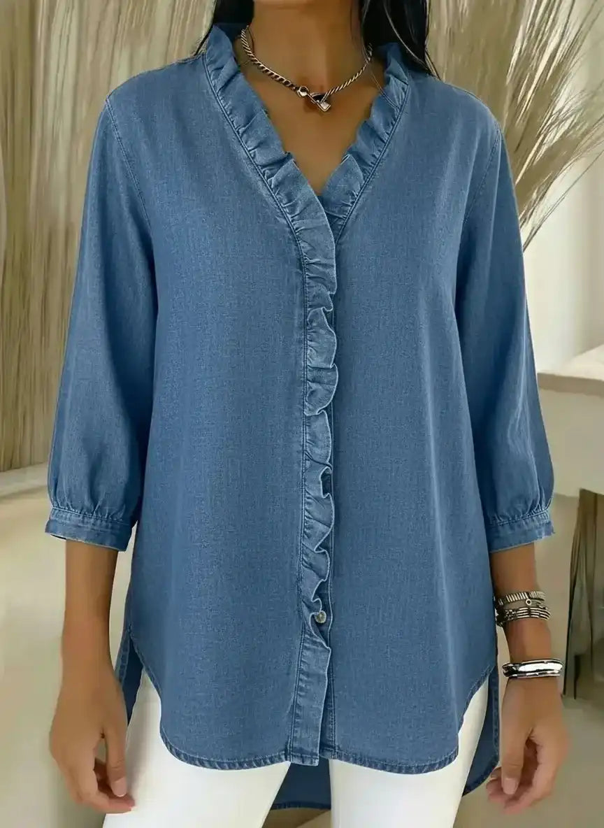 New Arrivals🔥 Women's Casual Denim V-Neck Ruffled Shirt