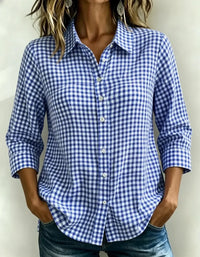 Blue and white gingham button-down shirt for women, relaxed fit, breathable fabric, plus size friendly